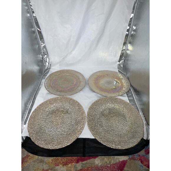 NEW AKCAM TURKISH GLASS GOLD RAINBOW IRIDESCENT DINNER PLATE SET/4 - Picture 2 of 15